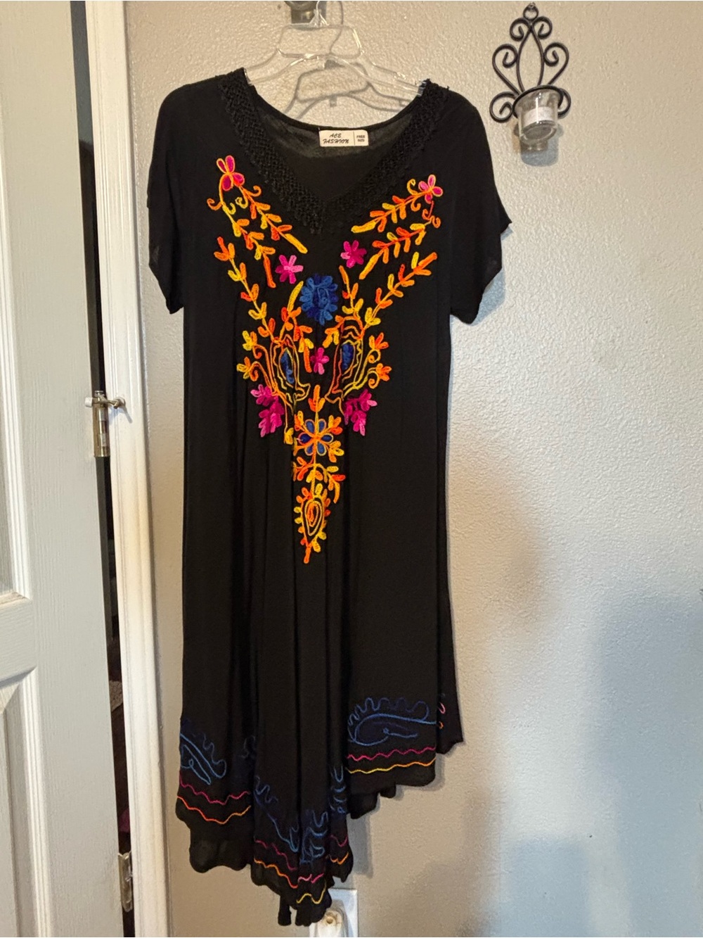 Boho Embroidered Black V-Neck Dress with Colorful Floral Detail